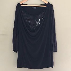 Catherine’s Black 3/4 Sleeve Draped Sequins 3X Top